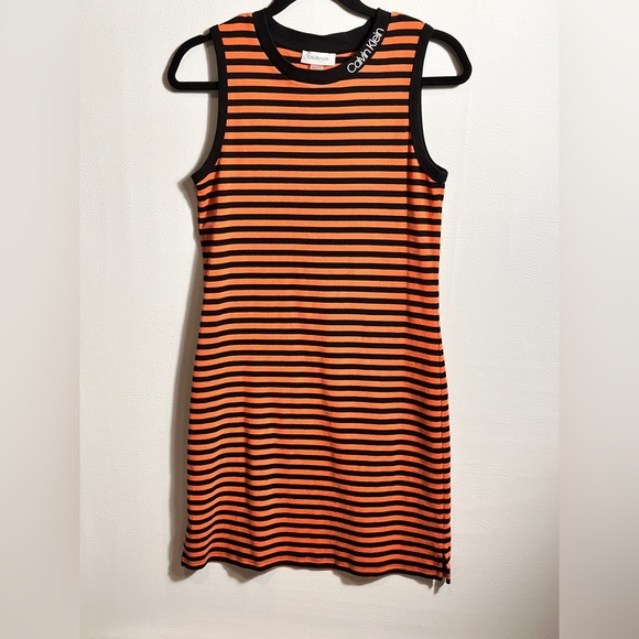 Calvin Klein Cotton Striped Mini Dress in Orange and Black Small - Picture 1 of 7